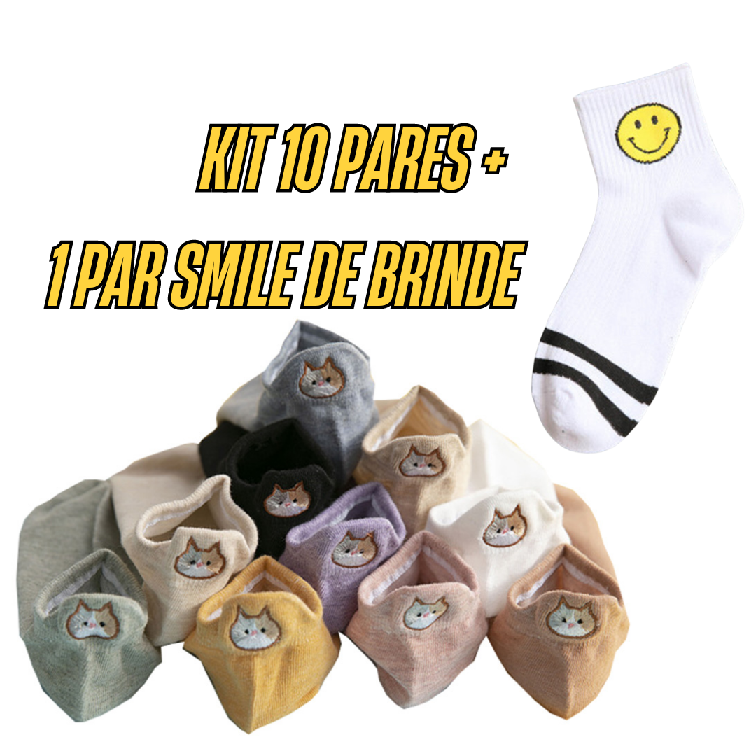 Meias divertidas Smiles Gatos- 10 pares + 1 par Smiles Brinde