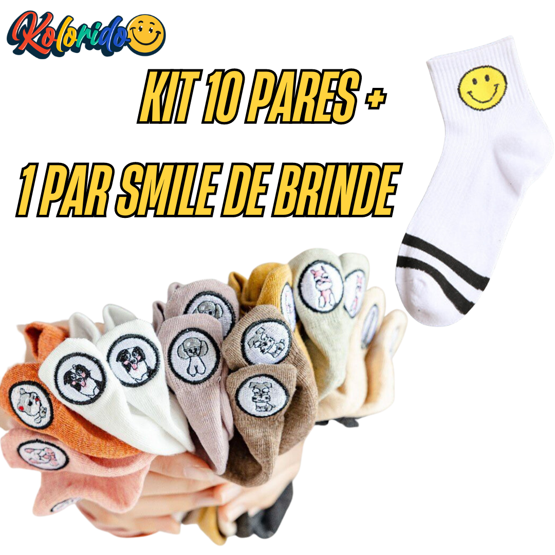 Meias Smiles Cachorros- 10 pares + 1 par smiles de Brinde