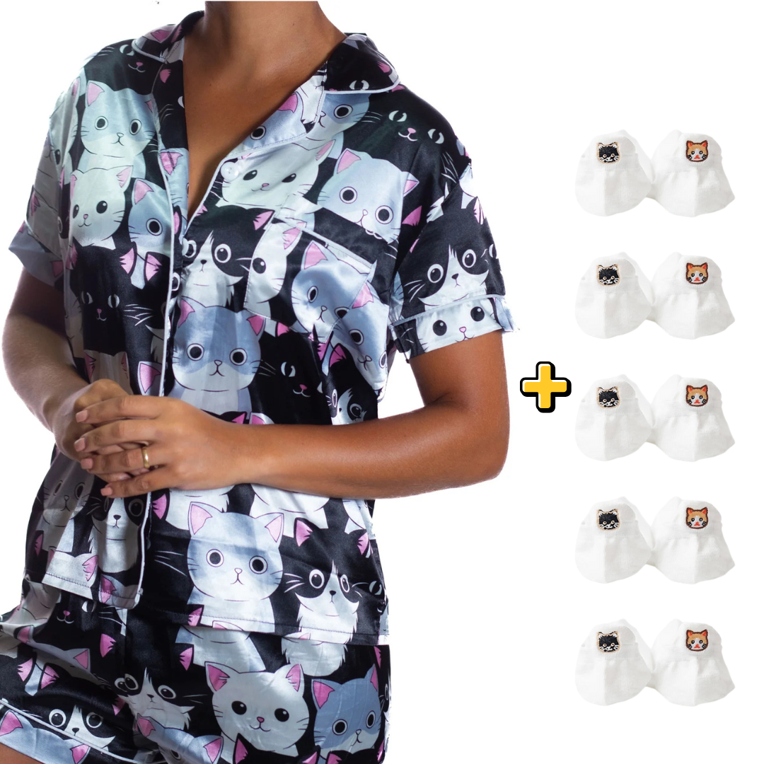 Pijama Americano Cetim Gatinho Preto e Branco