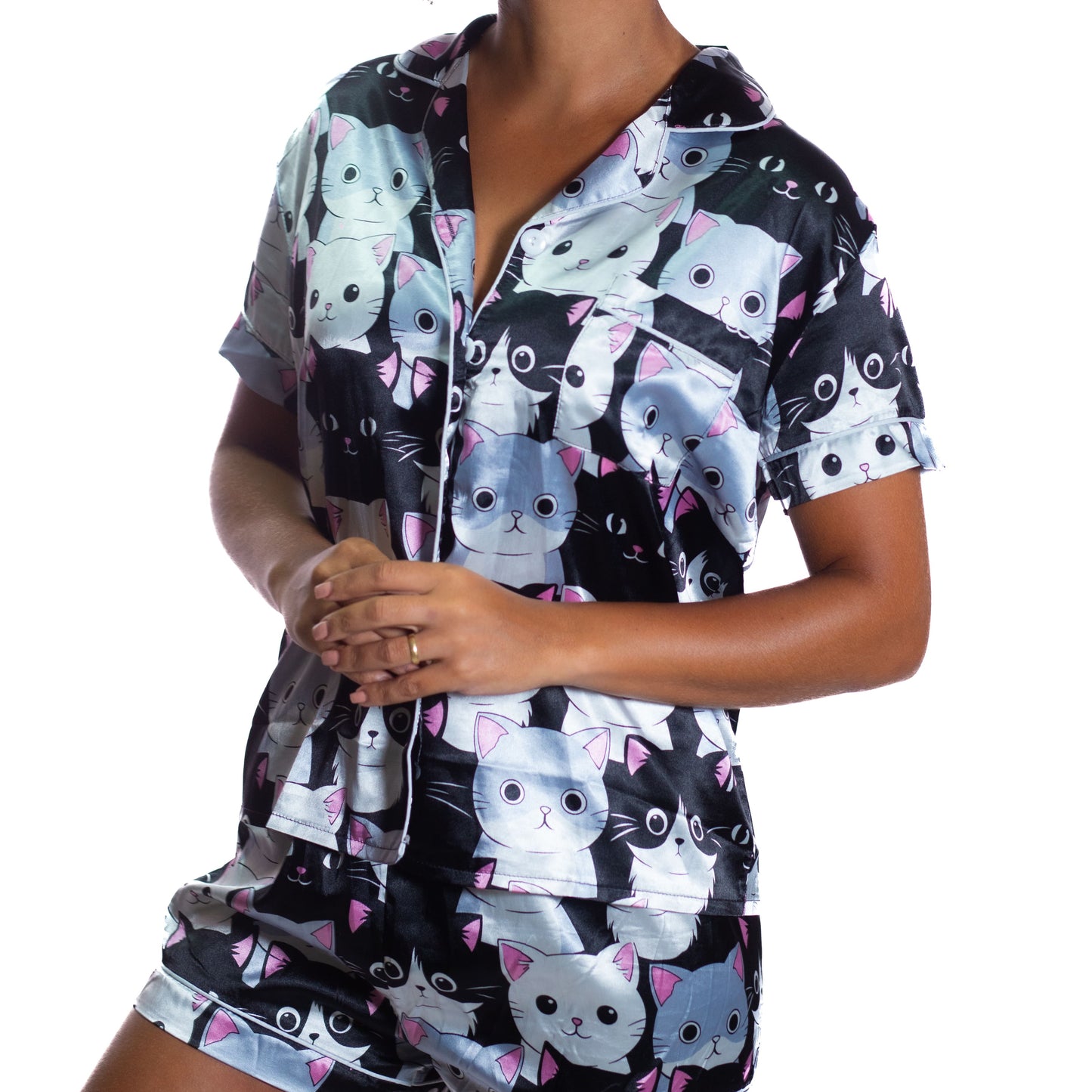 Pijama Americano Cetim Gatinho Preto e Branco