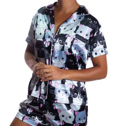 Pijama Americano Cetim Gatinho Preto e Branco