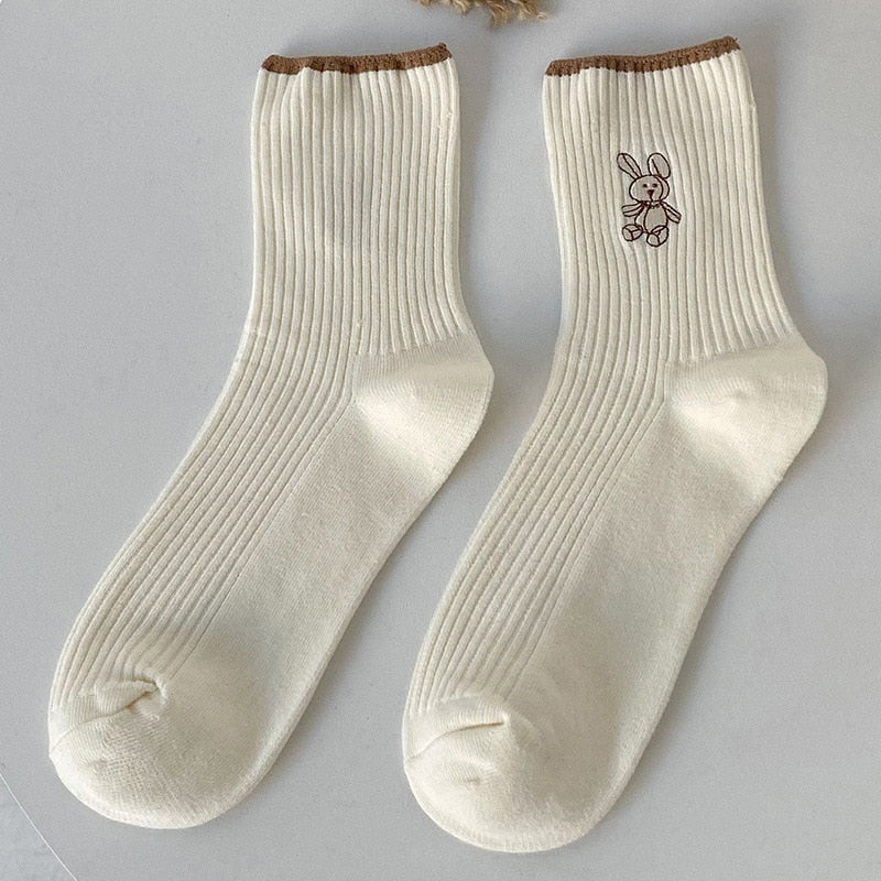 Women Socks 2022 New Fashion Cute Cotton Breathable Socks Japanese Style Cute Rabbit Embroidery Casual Girls Sweet High Quality 0 Kolorido Milk White One Size 