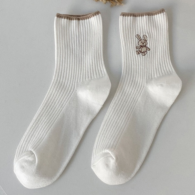 Women Socks 2022 New Fashion Cute Cotton Breathable Socks Japanese Style Cute Rabbit Embroidery Casual Girls Sweet High Quality 0 Kolorido White One Size 